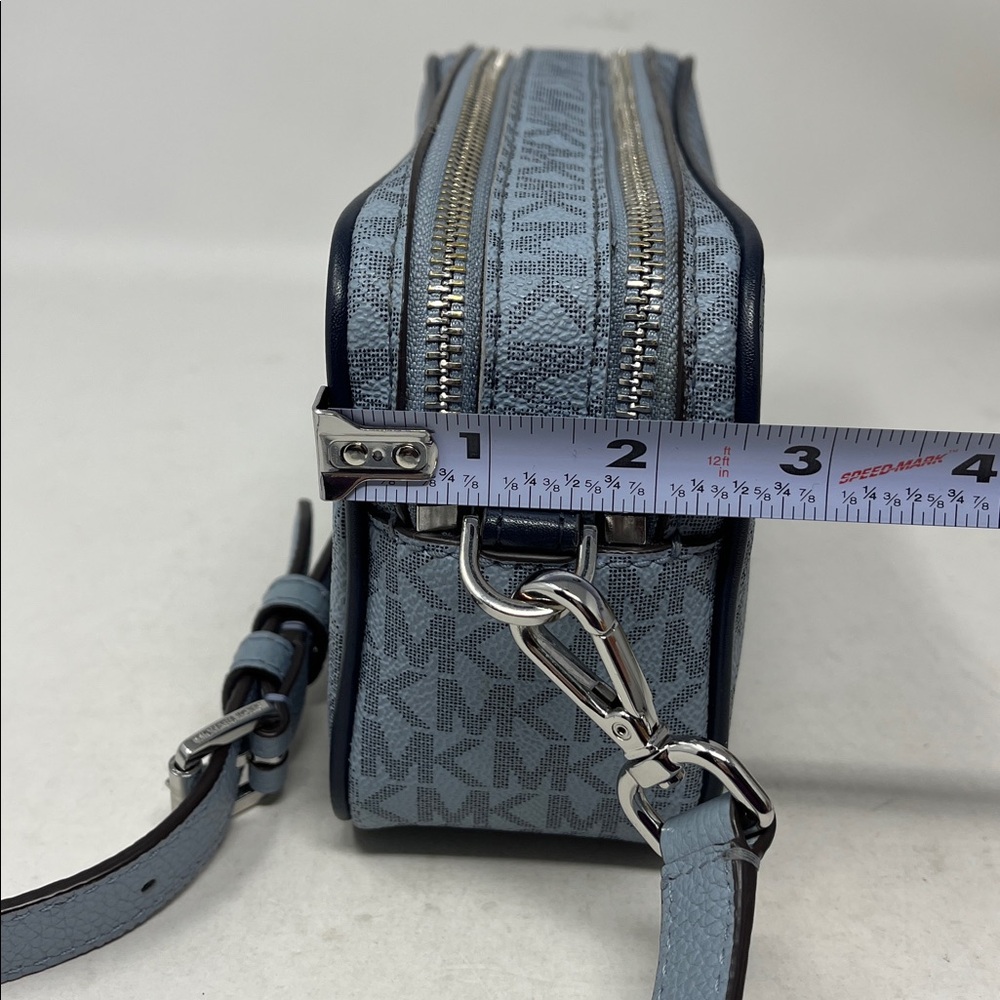 MICHAEL KORS CONNIE CAMERA CROSSBODY BAG LIGHT AND DARK BLUE LEATHER MK PRINT - Picture 16 of 16